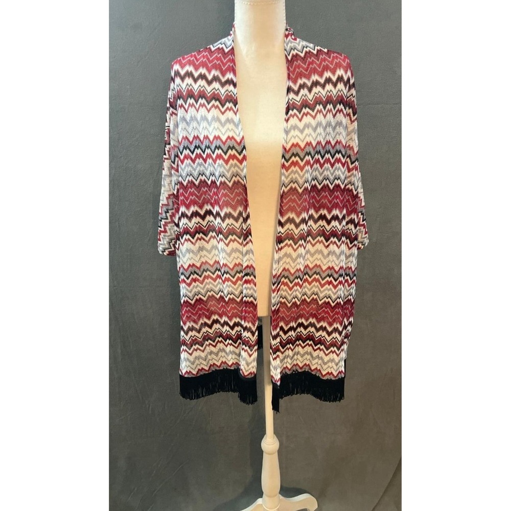 Susan Graver Kimono Cardigan Chevron Zigzag Fringe Open Front Red‎ Black L